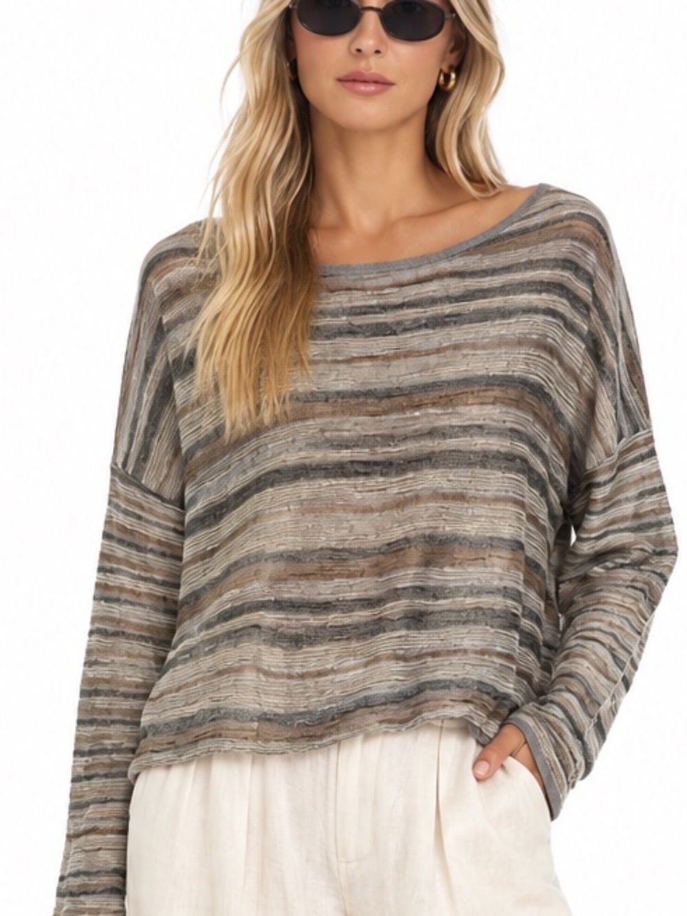 Sarah Pacini Linen Blend Striped Oversized Lightweight Sweater One Size Made in